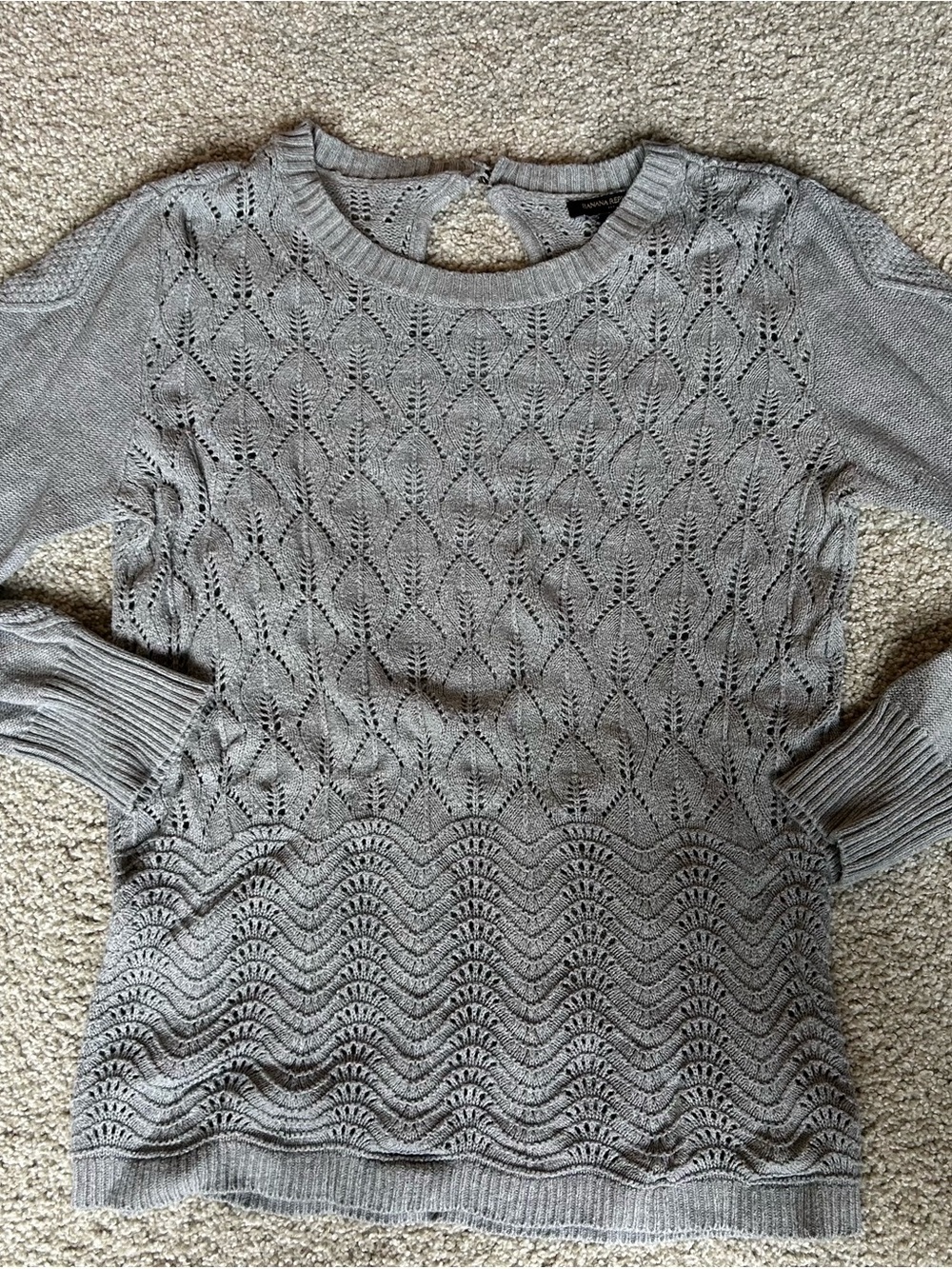 Banana Republic Gray Pointelle Knit Cotton Sweater Keyhole Back Women’s L